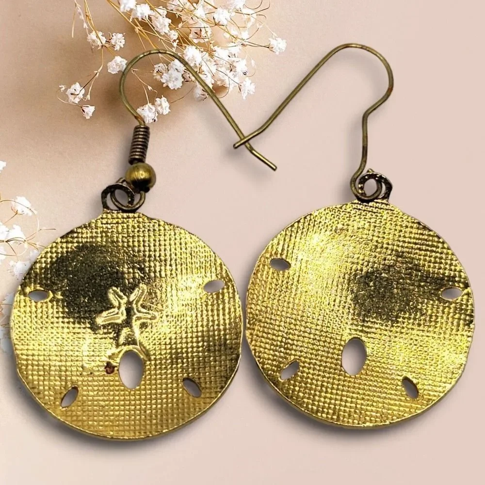Vintage Cloisonne Hand Painted Enamel Brass Earrings Pierced Dangle Sand Dollars